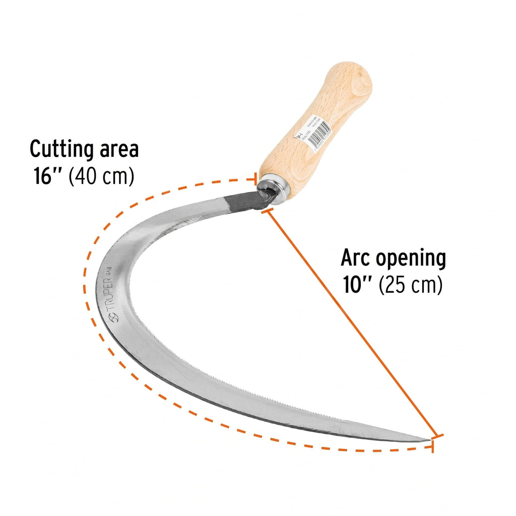 Truper Serrated Grass Sickle 16", High-Carbon Steel Blade, Lightweight Wooden Handle, Hand Scythe for Manual Harvesting and Weed Clearing (Model 15120)