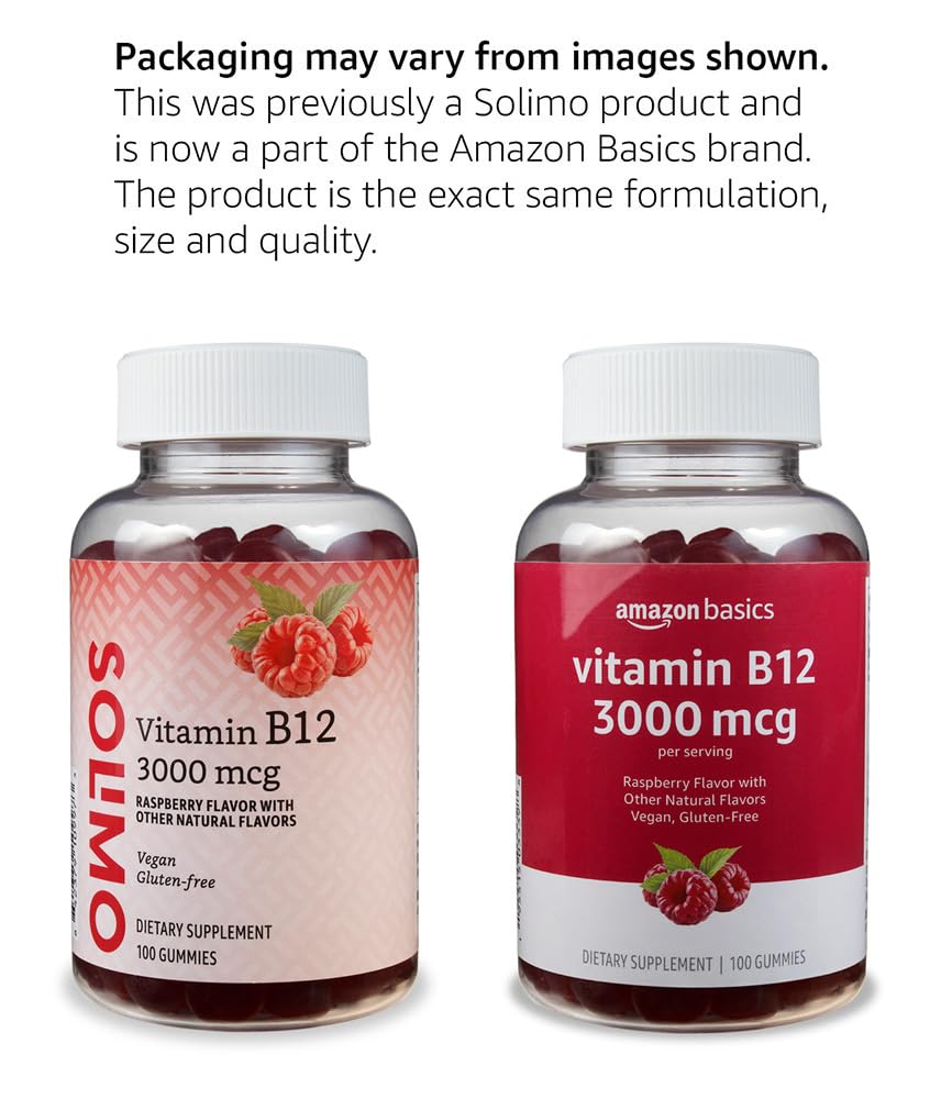 Amazon Basics Vitamin B12 3000 mcg, Normal Energy Production and Metabolism, Immune System Support, 100 Gummies (2 per serving), Pack of 2, Raspberry (Previously Solimo)