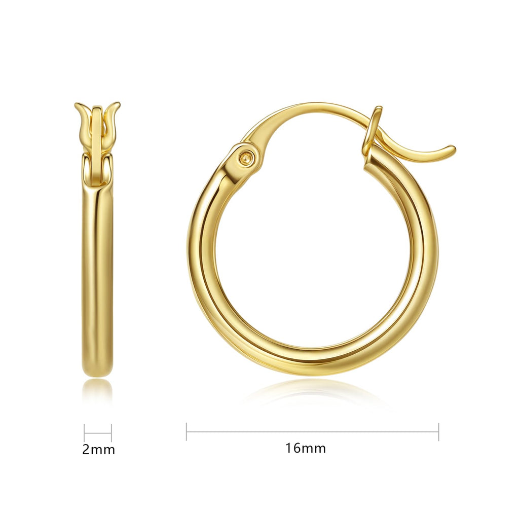 YUVOLA 14k Yellow Gold Hoop Earrings for Women Real Gold 16mm Classic Round Polished Hoops 2mm Thickness