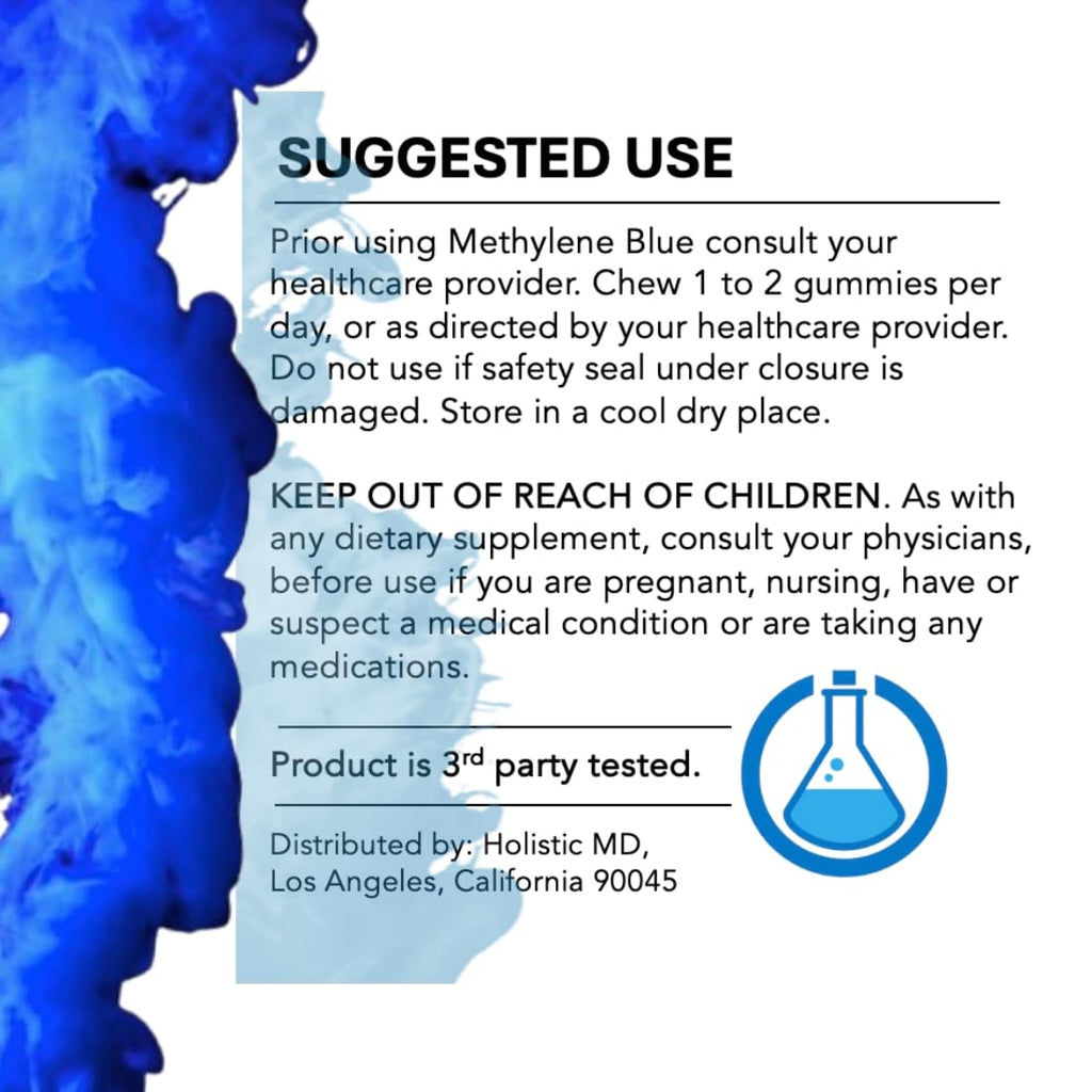 Holistic MD Methylene Blue for Humans USP Pharma Grade 7mg and 14mg dose - 3rd Party Certified Quality - Sugar Free Vegan - Berry Flavor 60 Gummies