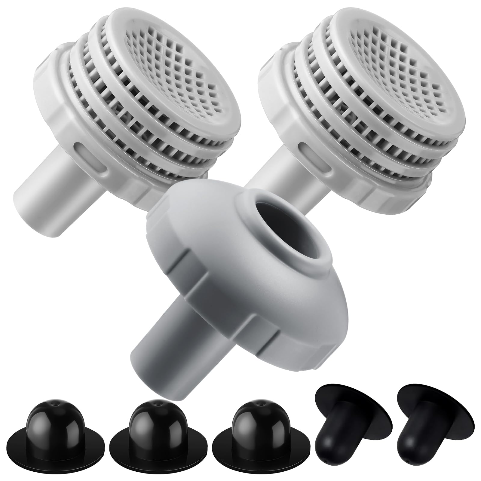 Pushglossy 1 Set Swimming Pool Water Jet Connectors Replacement Parts Kit Small Strainers with Pool Outlet Strainers, Inlet Nozzles and Hole Plugs with 1.25 Inch Fittings (Black,Grey)