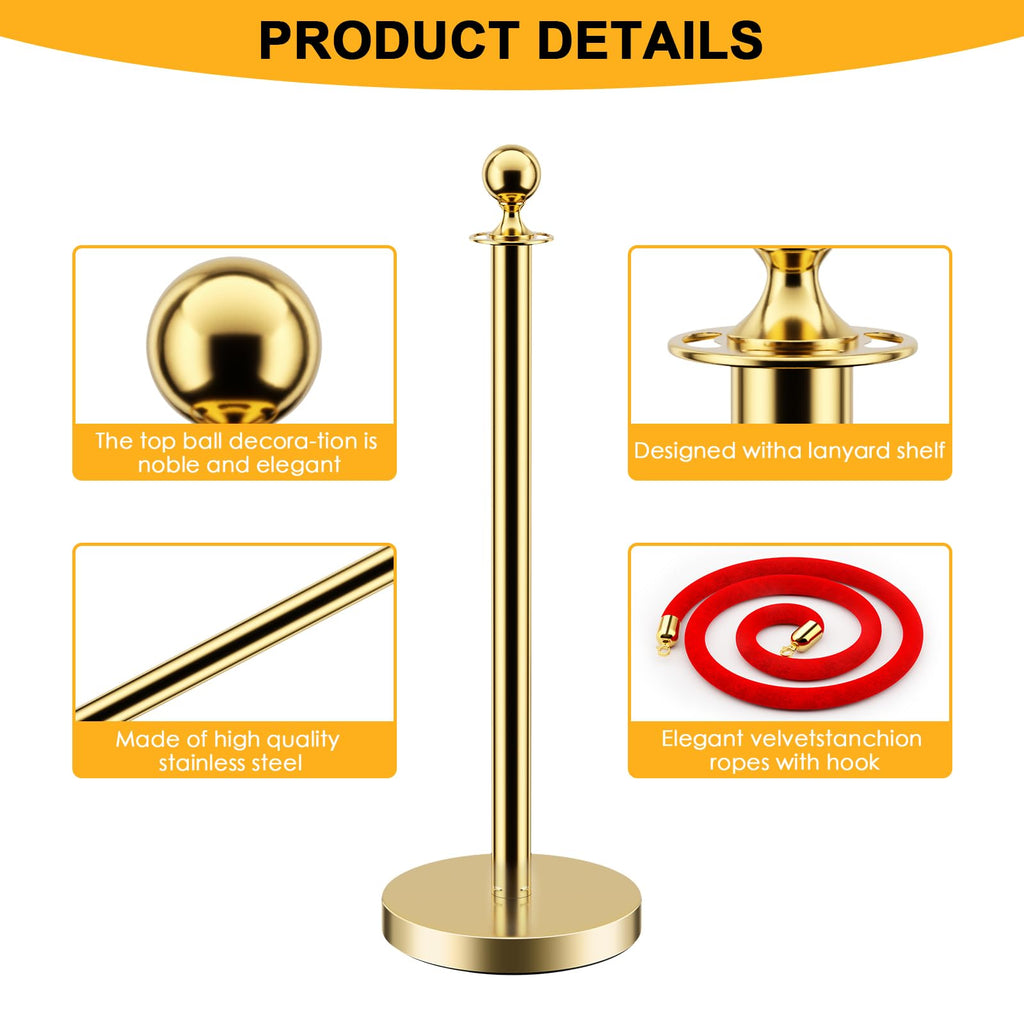 LOVMOR 6PCS Gold Stanchion Posts Queue, 38 Inch Red Velvet Rope, 5 FT Red Carpet Ropes and Poles, Crowd Control Barriers Queue Line Rope, Barriers for Party Supplies