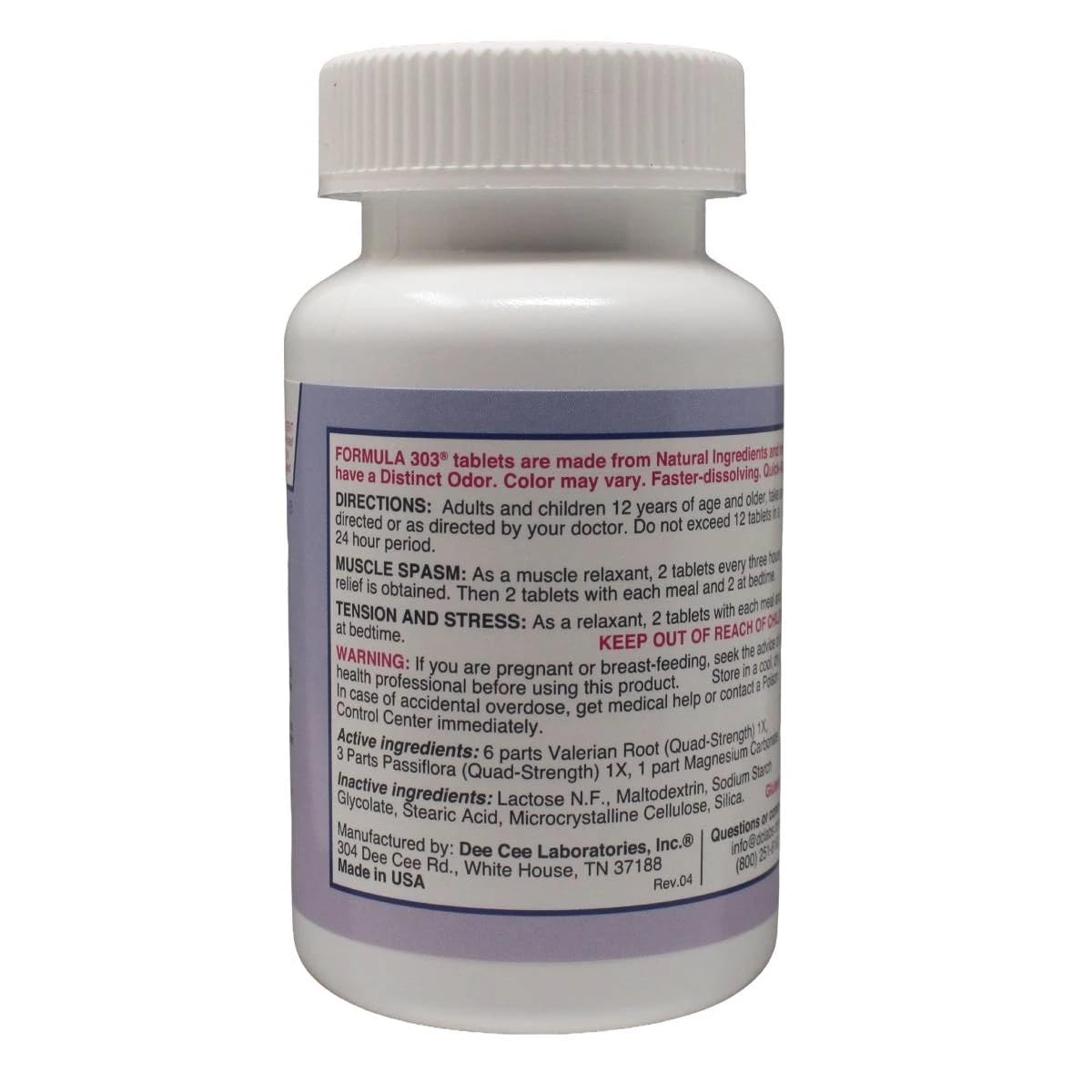 Dee Cee Labs Formula 303 Maximum Strength All-Natural Relaxant Tablets, 250 Tablets; All-Natural Relaxant containing Magnesium for Sore Muscles, Passion Flower, and Valerian Root