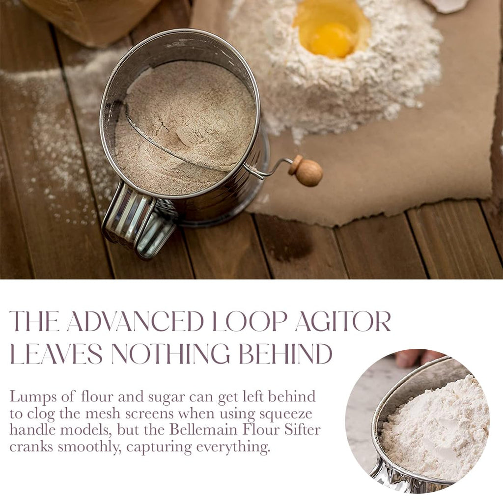 Bellemain 3 Cup Flour Sifter for Baking Fine Mesh Rotary Hand Crank with Loop Agitator for Quick Sifting, Flour Sifter Stainlees Steel