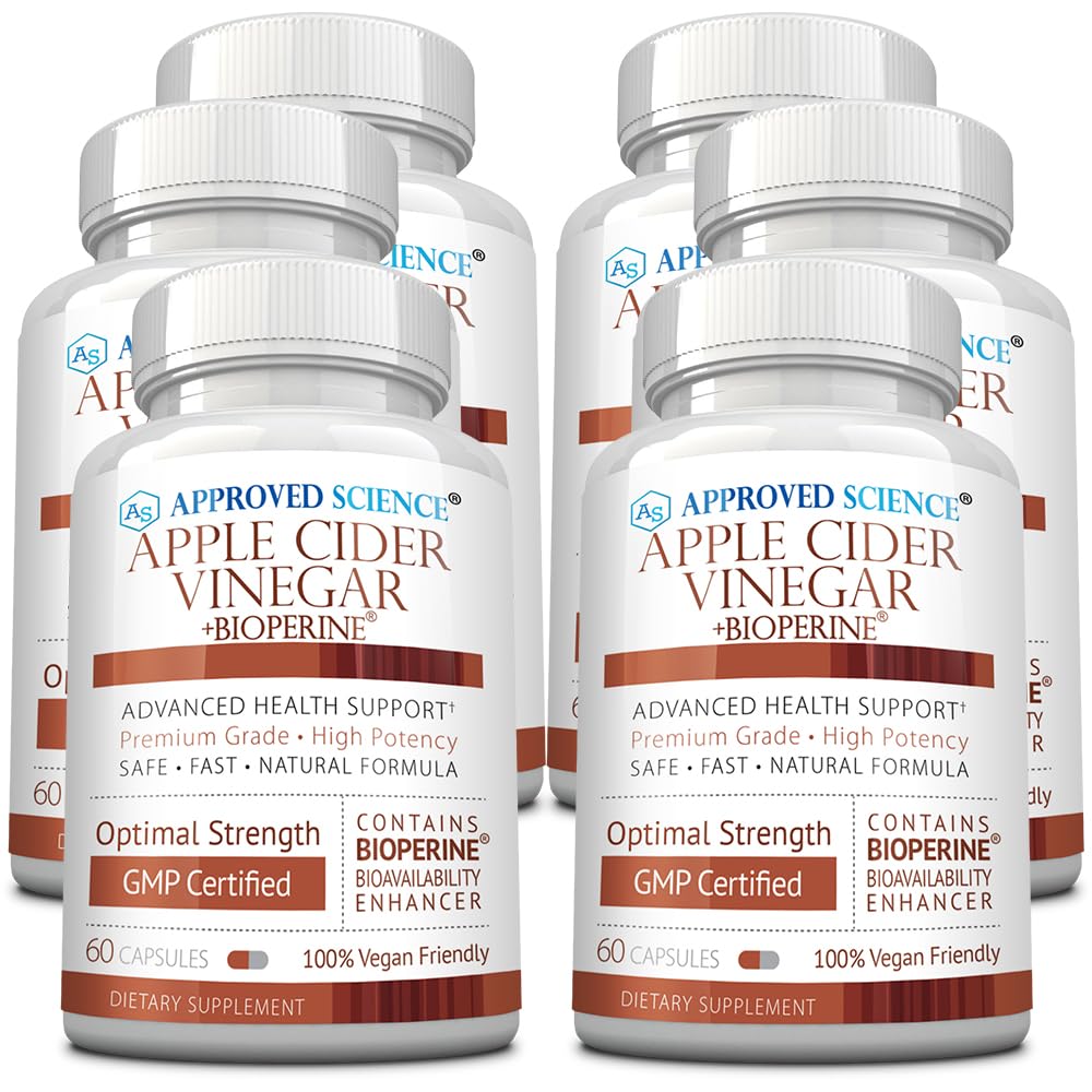 Approved Science Apple Cider Vinegar Capsules with 'The Mother' and BioPerine – 1600mg ACV Supplement – Non-GMO, Vegan, 60 Capsules (Pack of 6)