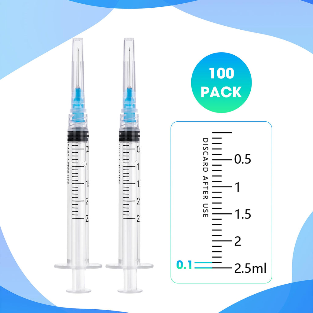 Meterbox 100 Pack 2.5ml Syringes with Needle - 23G 1 inch Disposable 2.5cc Luer Lock Syringe for Scientific Lab Use, Sterile Individually Wrapped