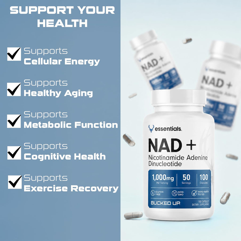 Bucked Up NAD+ 1000mg | Nicotinamide Adenine Dinucleotide | Non-GMO, Gluten-Free, Third-Party Lab Tested | Cellular Coenzyme Supplement (100 Capsules, 50 Servings)