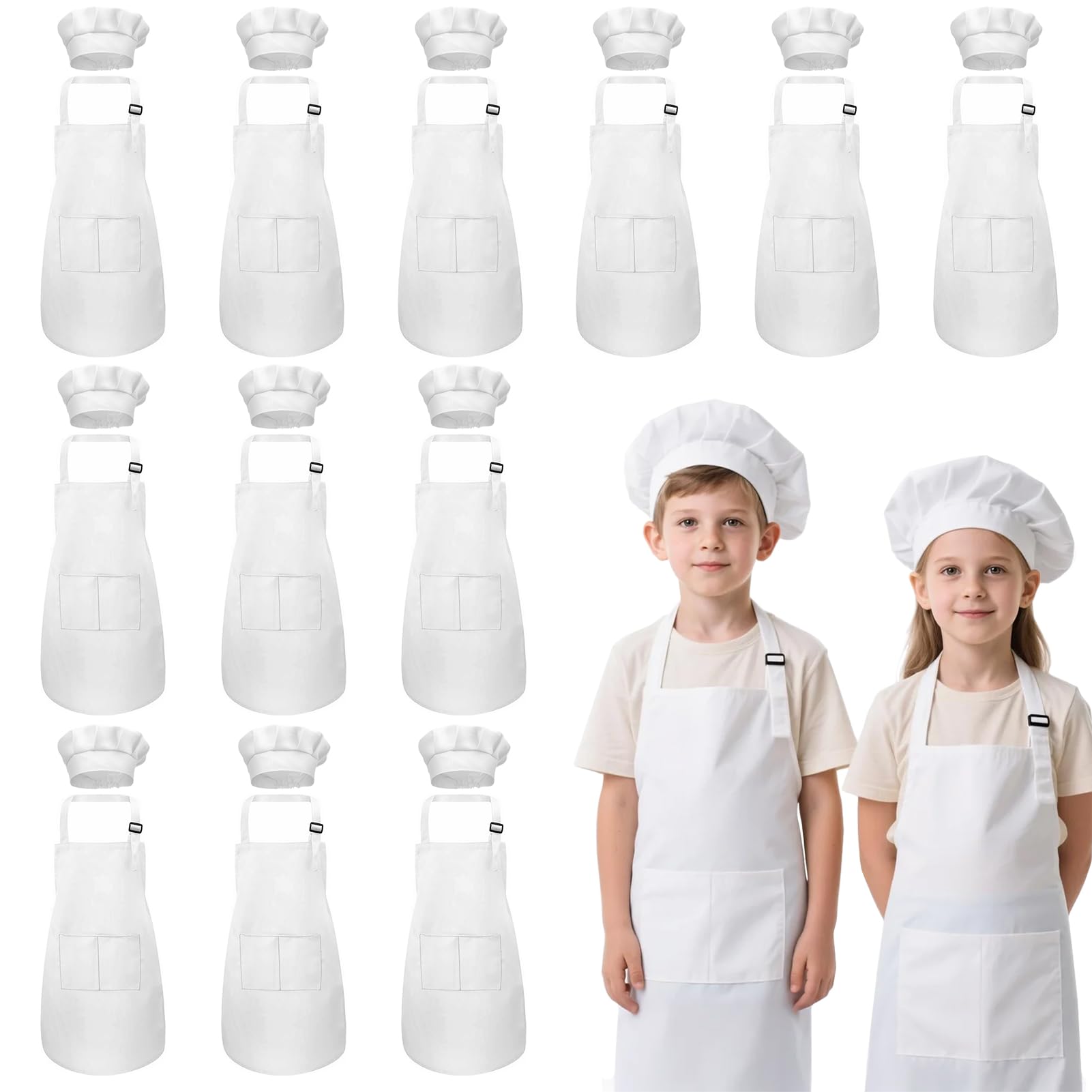 IAGBIBUI Kids Apron and Chef Hat Set, 24 Pieces Boys Girls Kids Apron with 2 Pockets Adjustable for Cooking Classroom Baking Painting, 6-13 Years, White