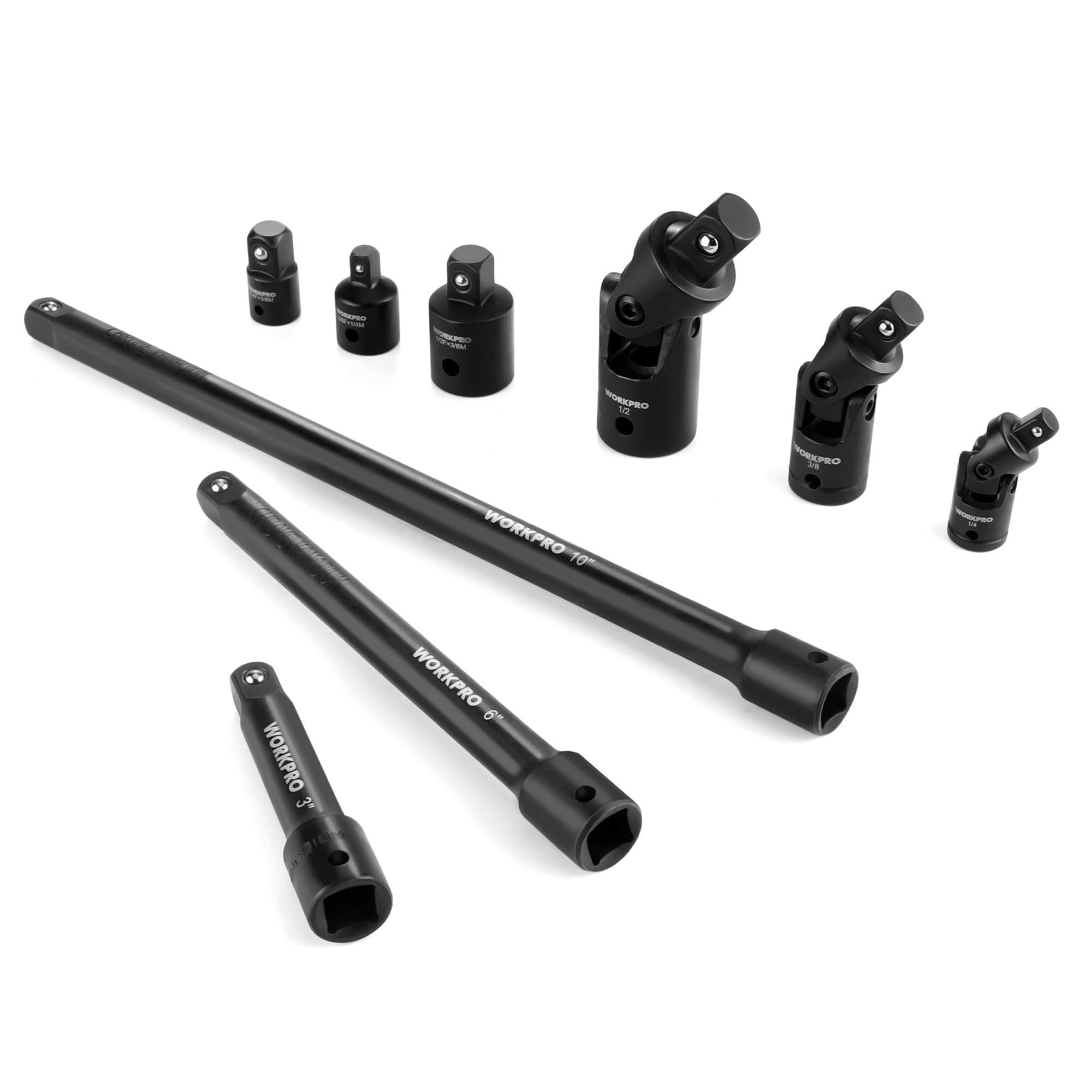 WORKPRO 9-Piece Impact Socket Extension Set, Includes 3/8" Drive Extension Bar Set, 1/4", 3/8" & 1/2" Drive Universal Joints and Adapters, Premium Chrome Vanadium Steel with Black Phosphate Finish