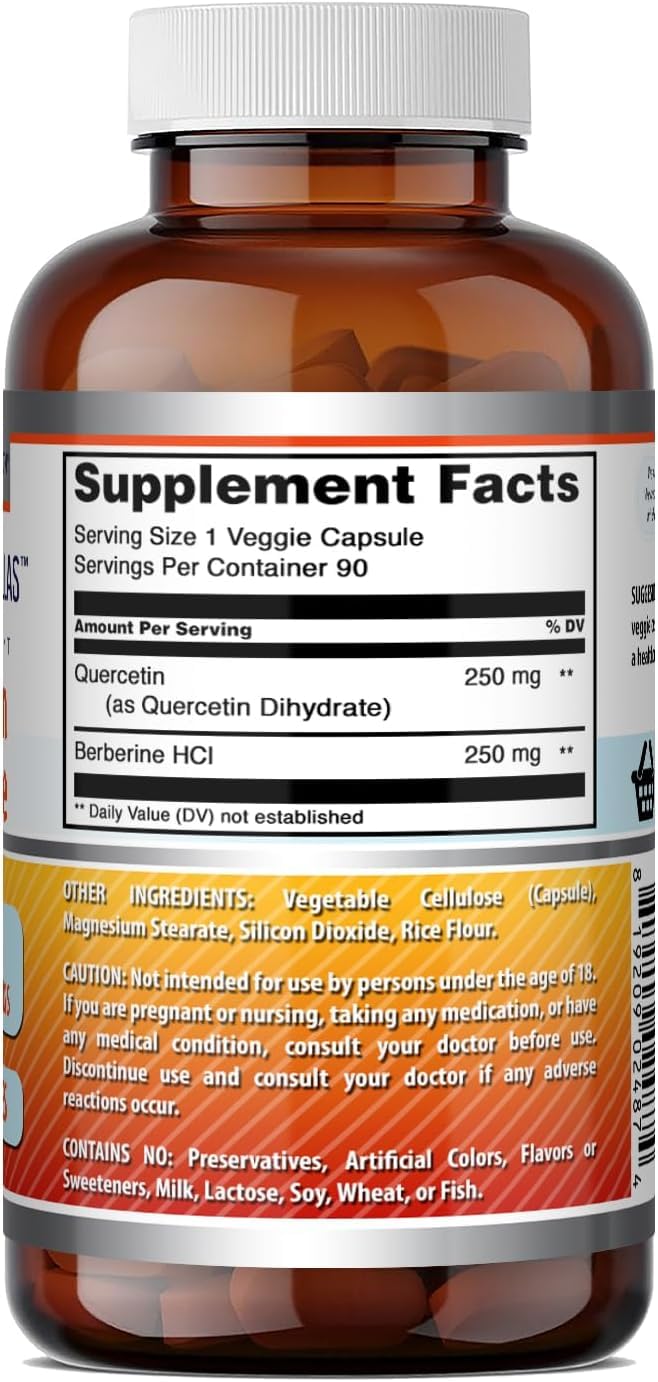Amazing Formulas Quercetin Berberine | 250 mg Berberine and 250 mg Quercetin | Veggie Capsules Supplement | Non-GMO | Gluten Free | Made in USA (90 | 2 Pack)