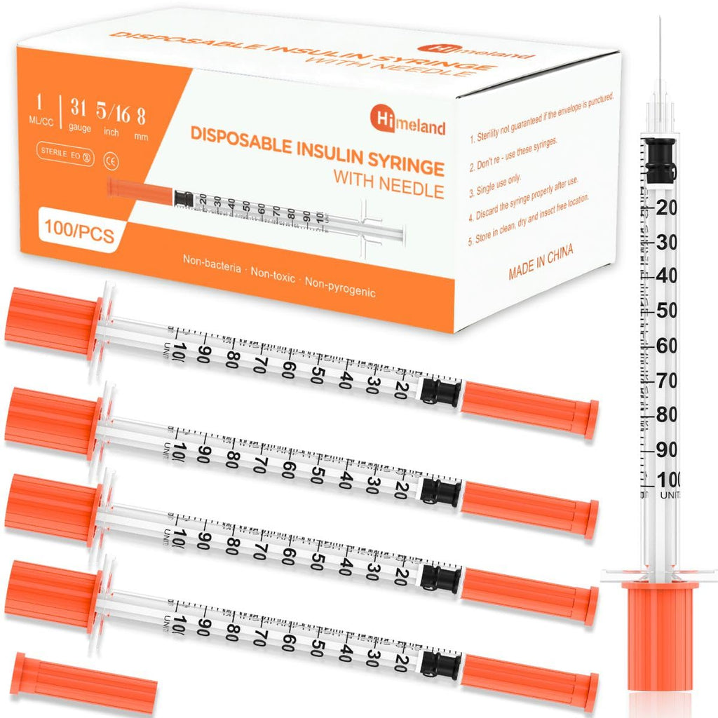 Himeland U-100 1ml/cc Disposable Insulin Syringe with 31G 5/16" (8mm) Needle | 100 Pack Individually Wrapped | Lab Supplies