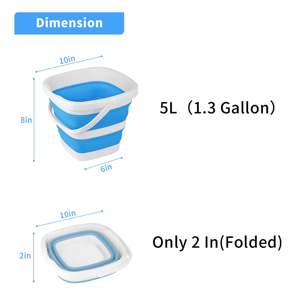 2 Pack Collapsible Buckets 5L 1.3Gallon Small Cleaning Bucket for Household Portable Plastic Bucket Outdoor Car Washing Tub Foldable Camping Beach Sand Water Pot Pail Space Saving Square Grey and Blue