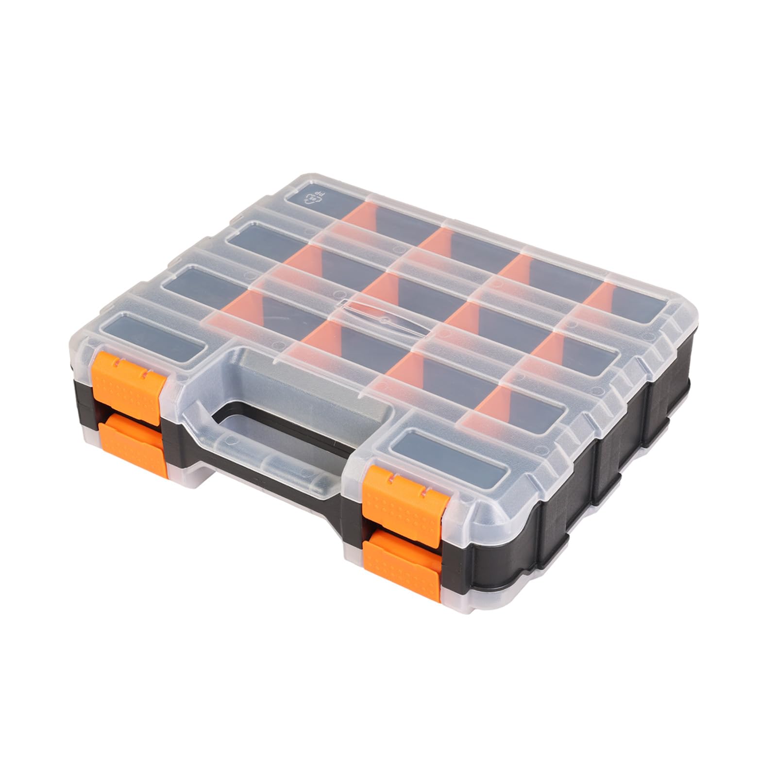 Jack Boss Tool Box with Transparent Lid, Double Side 34-Compartments Organizer Box with Removable Dividers for Hardware, Screws, Bolts, Nails, Beads, Jewelry and Fishing Accessories, Orange, 1 Pack