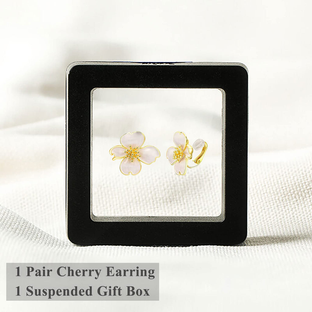 NUOKUN Clip on Earrings Women, 14K Gold Plated Earrings for Sensitive Ears, Fashion Women's Earrings Jewelry Birthday Gift for Wife Grandma Daughter on Christmas Thanksgiving (Sakura Cream Enamel Earrings)