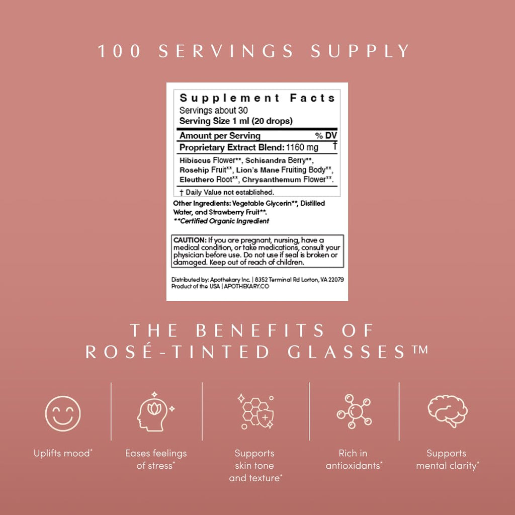 Apothékary Rosé-Tinted Glasses, Supports a Balanced Mood & Focus, Alcohol-Free, Wine-Inspired Herbal Liquid Drops with Schisandra Berry & Lion's Mane Mushroom, Certified Organic, 4 fl oz, 100 Servings