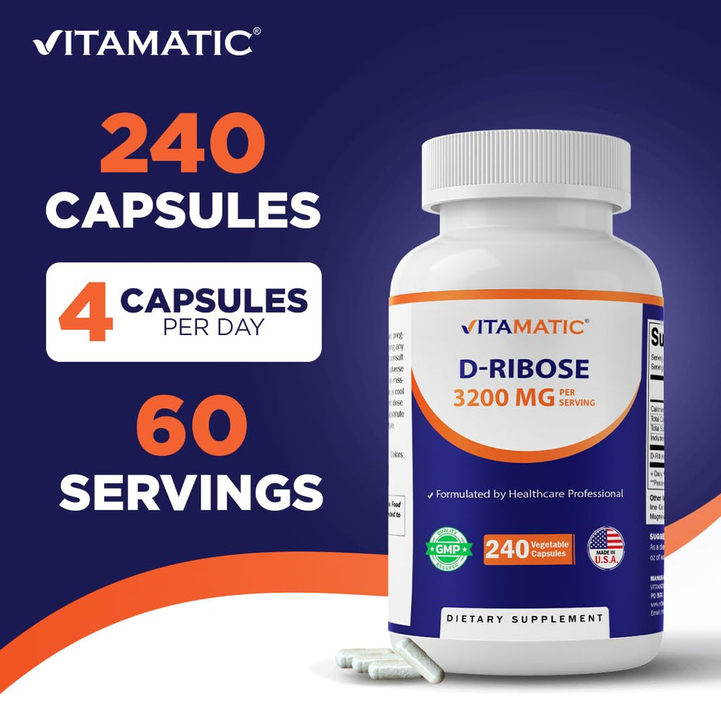 Vitamatic D-Ribose 3200 mg per Serving – Energy Support Supplement – 240 Vegetarian Capsules – Non-GMO & Gluten Free, Made in USA