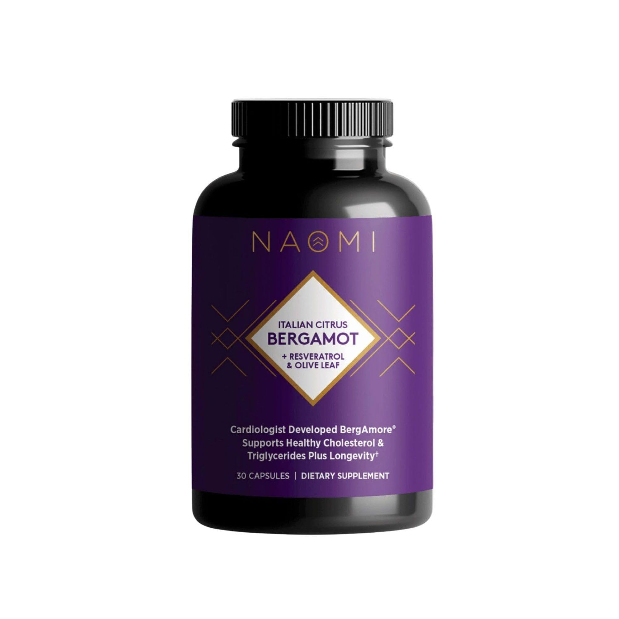 NAOMI Italian Citrus Bergamot 500mg + Resveratrol, Award-Winning Cardiologist Dvlpd, Supports Normal Cholesterol & Healthy Cellular Function, 7 Key Polyphenols, Resveratrol & Olive Leaf, 30-Day Supply
