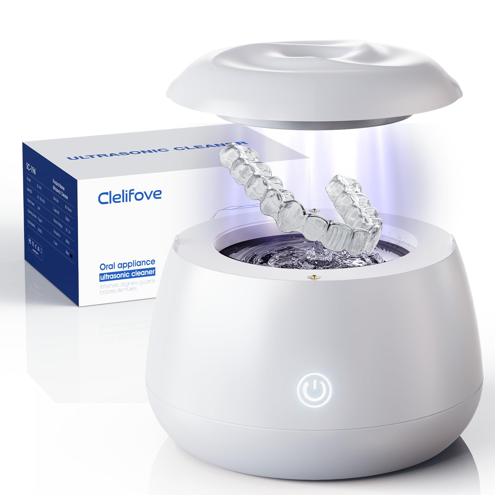 Ultrasonic Retainer Cleaner Machine 48kHz Denture and Aligner Cleaning Pod for Mouth Guards Night Guards Dental Trays Braces Toothbrushes Jewelry with 200ML Capacity (White)