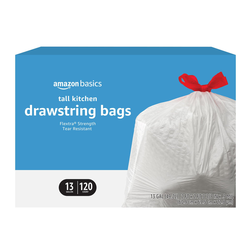Amazon Basics 13 Gallon Flextra Strength Tall Kitchen Drawstring Trash Bags, Tear Resistant, 120 count