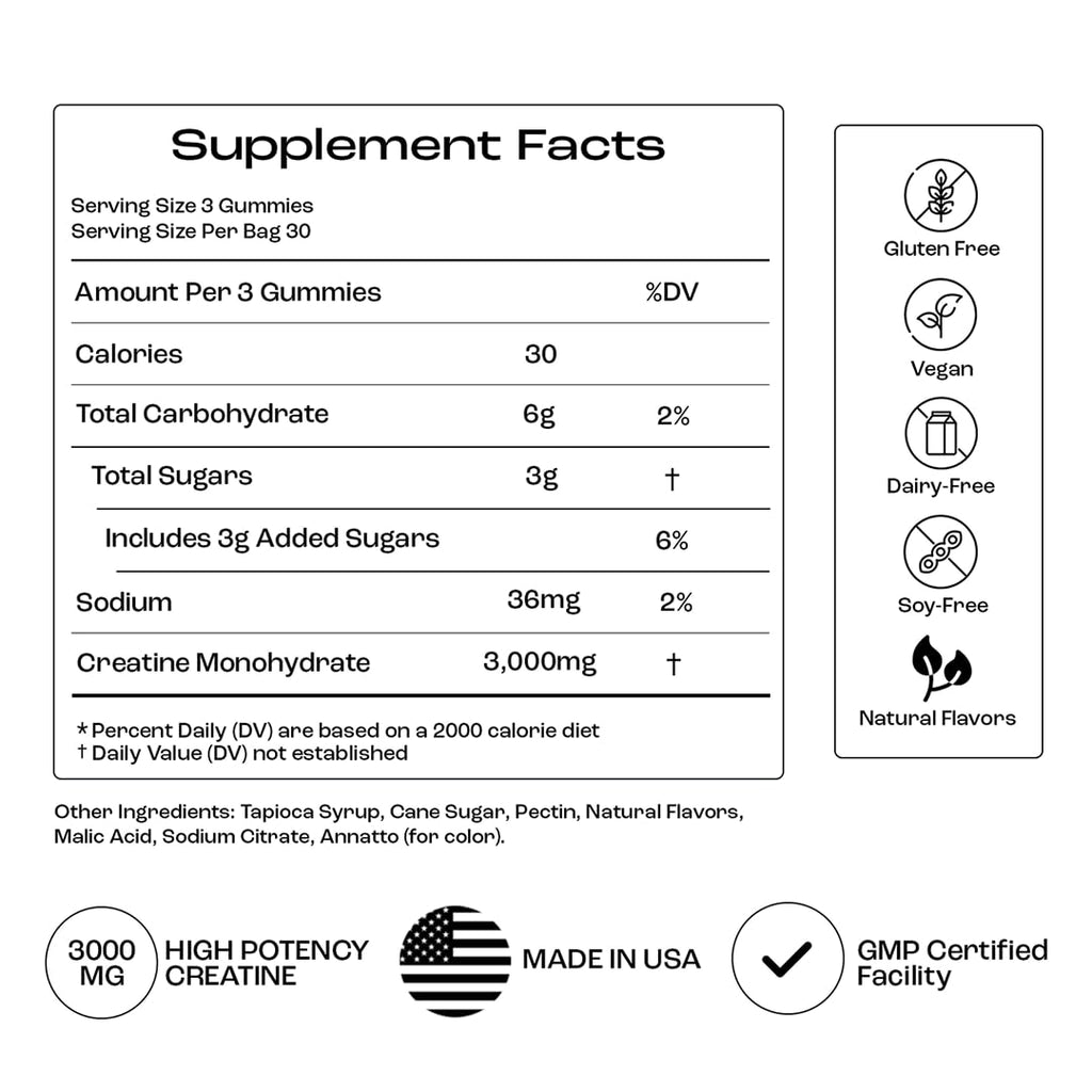 Creatine Monohydrate Gummies - Supports Muscle Growth, Recovery & Brain Function - Convenient & Easy to Take - Great Tasting Peach Flavor - 1g per Gummy, Low Sugar - 90 Count (Peach)