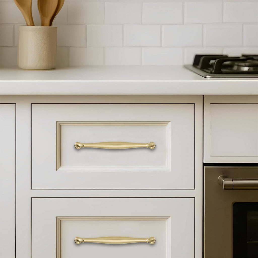 khtumeware 10 Pack 3-1/2inch(89mm) Hole Center Brushed Brass Cabinet Pulls Solid Heavy-Duty Satin Brass Tradition Handles Hardware for Bathroom Dressers Pull cabinets