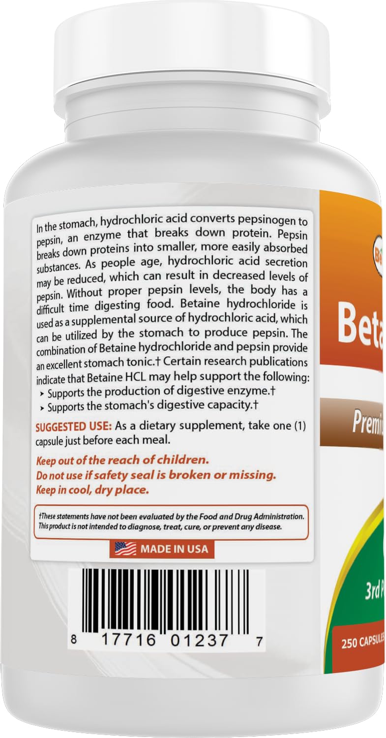 Best Naturals Betaine HCL 648 mg 250 Capsules (250 Count (Pack of 2))