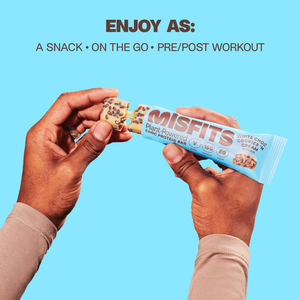 Misfits Vegan Protein Bar, High Protein, Low Sugar, Gluten Free, Plant Based Protein Bar, 12 Pack (Cookies And Cream)