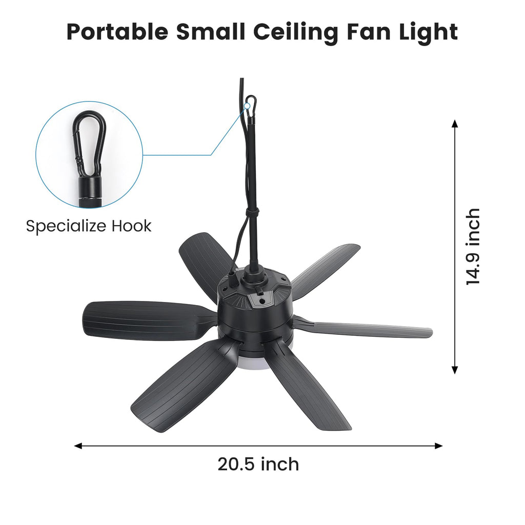 Fanspex 20.5'' Plug in Ceiling Fan with Light for Gazebo Patio Canopy Tent Porch RV, 5 Fan Speeds with Adjust Lighting & Remote Control (Black)