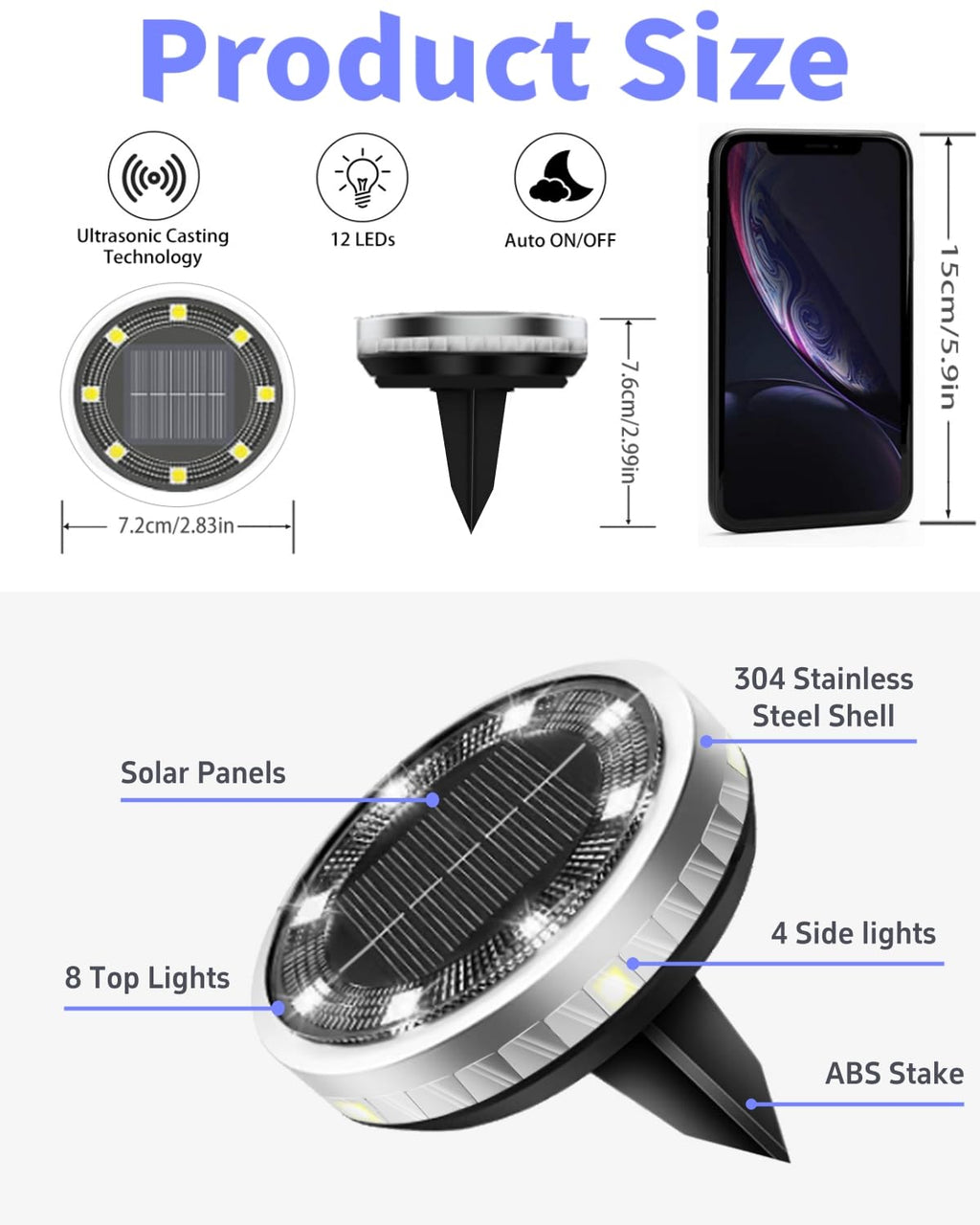 SenLuKit Solar Ground Lights Outdoor 18 Pack Waterproof, Upgraded Solar Garden Lights with 4 Side Light, Stainless Steel Solar Powered Disc Landscape Light for Walkway Lawn Yard Patio Deck-Cool White