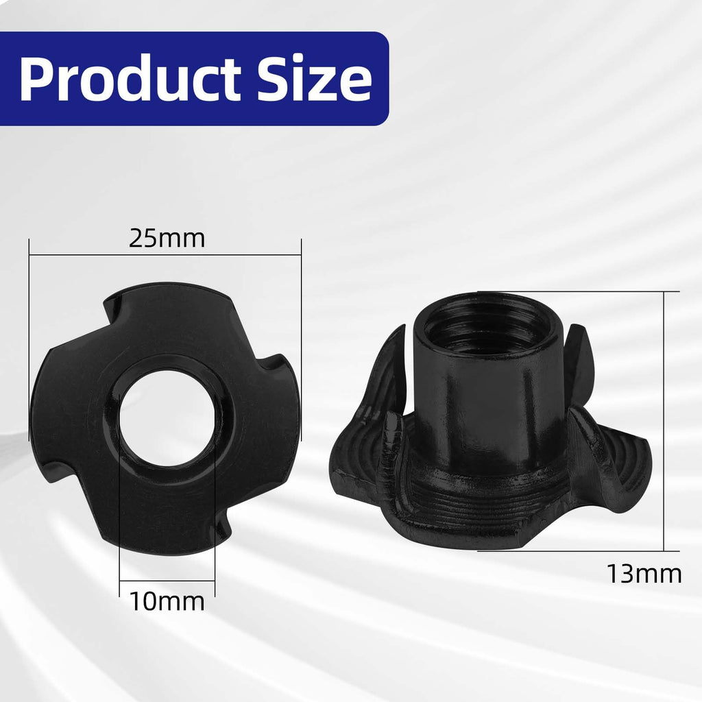 M10 T-Nuts Black Zinc Plated Steel, 4-Pronged Tee Nut for Wood, Rock Climbing Holds, Furniture, 50 PCS