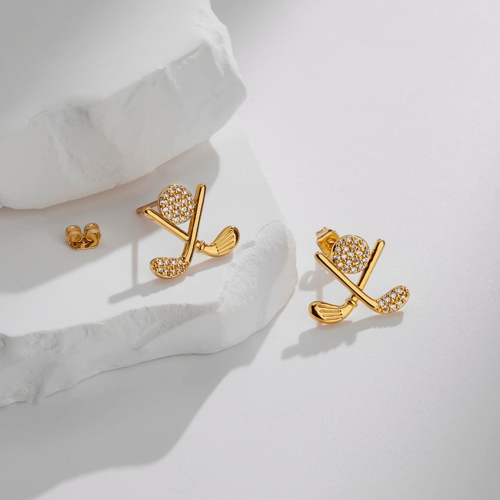 lijiayione Golf Stud Earrings for Women, Gold Plated Hypoallergenic Flat Back Cubic Zirconia Sports Jewelry, Cute Small Dainty Novelty Accessory Birthday Gift for Golfer Player Fan Tournament Team Match (Gold)