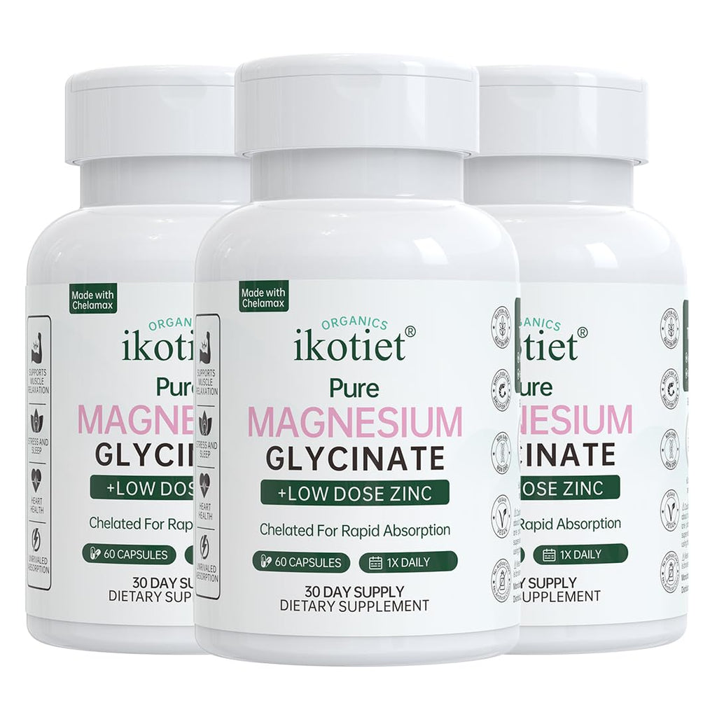 IKOTIET Magnesium Glycinate with Low Dose Zinc, Chelated Gentle Absorption VeganCapsules, 180 Count 90-Day Supply. Gluten, Dairy & Shellfish Free easy-swallow pills for men & women, Third-Party Tested
