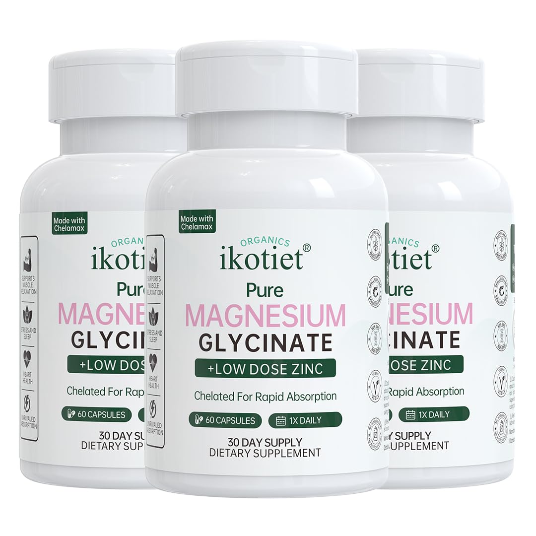 IKOTIET Magnesium Glycinate with Low Dose Zinc, Chelated Gentle Absorption VeganCapsules, 180 Count 90-Day Supply. Gluten, Dairy & Shellfish Free easy-swallow pills for men & women, Third-Party Tested