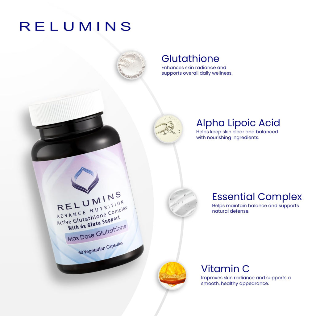 Relumins Advance White Active Glutathione Complex - Max Dose 900mg Glutathione with 6X Boosters, ALA & NAC - Summer Glow Wellness Anti-Aging Skin Supplement - 60 Capsules (30 Servings)