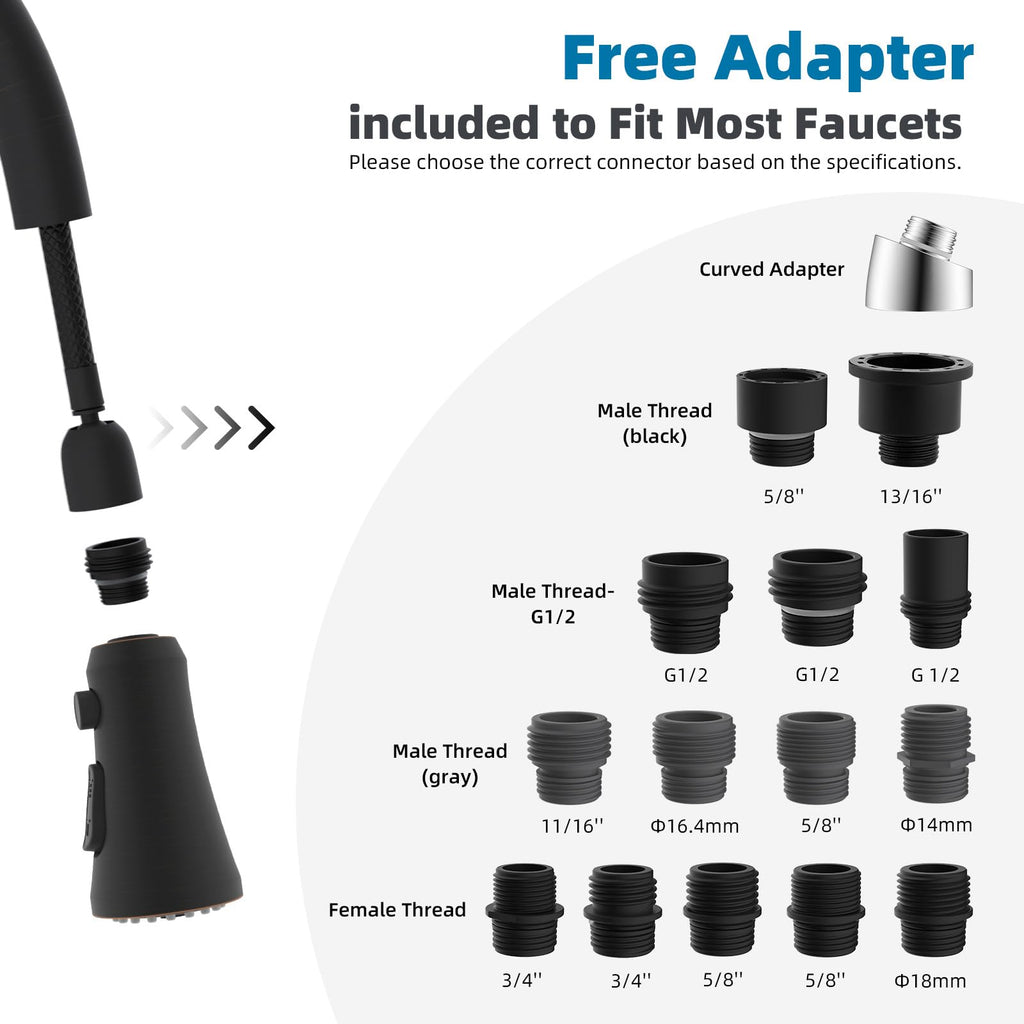 Hibbent Pull Down Kitchen Faucet Head Replacement, 3-Function NSF/ANSI/CAN 61 & CUPC Certified Sink Spray Nozzle, 15 Adapters, Compatible with Moen, Delta, Kohler Faucets, Oil-Rubbed Bronze