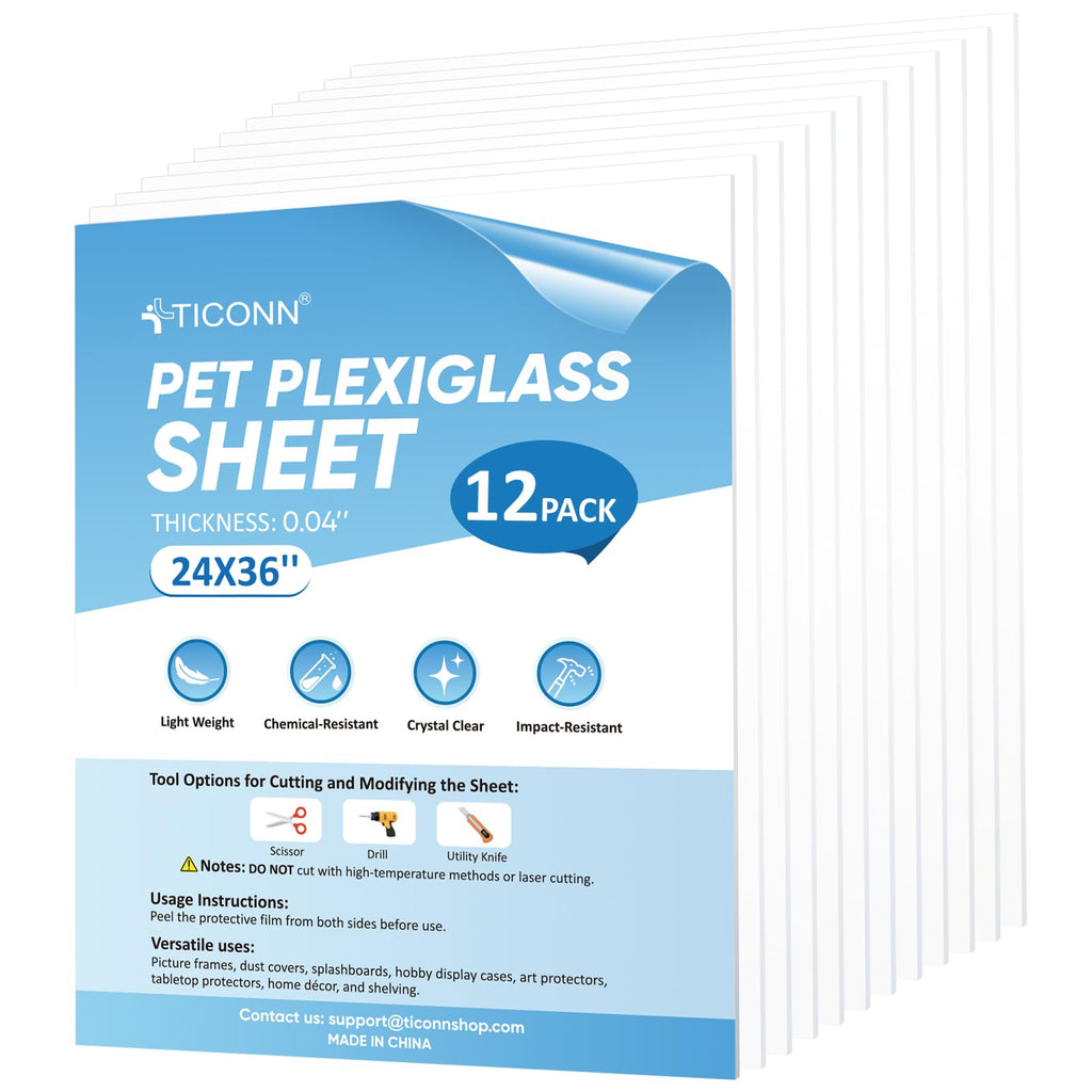 TICONN 12PK 24" x 36" PET Plexiglass Sheets, Clear Plastic Sheet, Easy to Cut Thin Flexible PET Plastic Sheeting Panels for DIY Art Projects, Crafts, Picture Frames, Signs