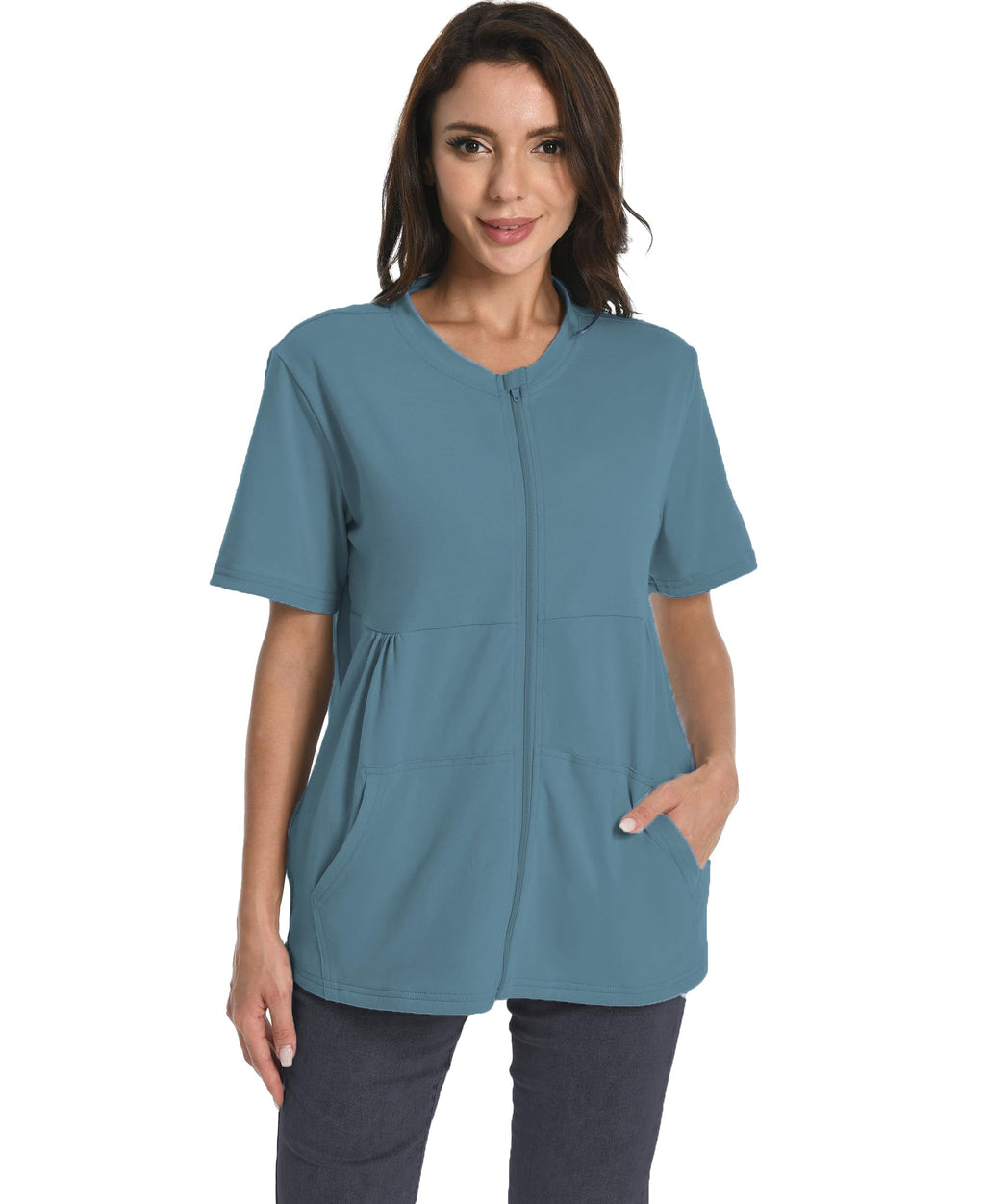 Mastectomy Shirt with Drain Pockets Breast Mastectomy Recovery Supplies Nephrostomy Drain Bag Tummy Tuck Must Haves Clothing Comfy Post OP Camisoles After Mastectomy Short Sleeve Shirts Peacock Blue