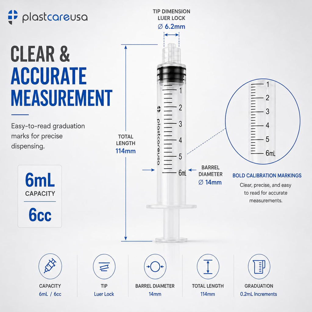 100 6ml Luer Lock Syringe without Needle, Disposable Luer Slip Tip Syringes - Non-Sterile, Latex-Free Plastic Dispenser by PlastCare USA