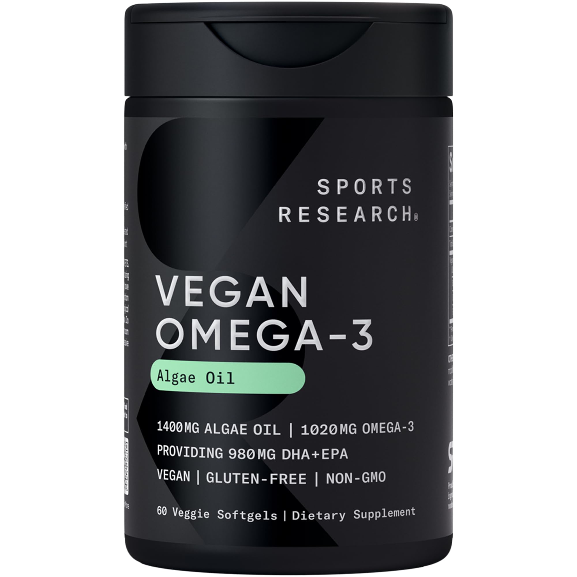 Sports Research Vegan Omega-3 Fish Oil Alternative from Algae Oil - Highest Levels of Vegan DHA & EPA Fatty Acids | Non-GMO Tested & Vegan Certified - 60 Veggie Softgels (Carrageenan Free)