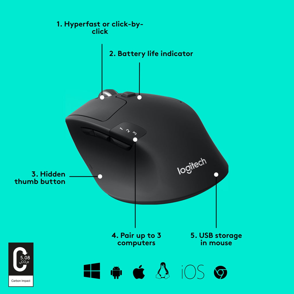 Logitech M720 Triathalon Full Size Multi-Device Wireless Mouse - Black