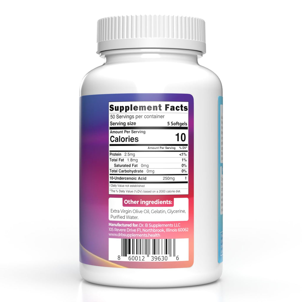 Dr B Supplements Undecylenic Acid 250 mg Softgels, 250 Count, 50 Servings