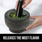 GORILLA GRIP 100% Natural Granite Stone Mortar and Pestle Set, Non-Scratch Base, Heavy Duty Polished Molcajete Guacamole Salsa Bowl, Grind Seeds, Herbs, Pills, Kitchen Lab Muddler, 1.5 Cup Black
