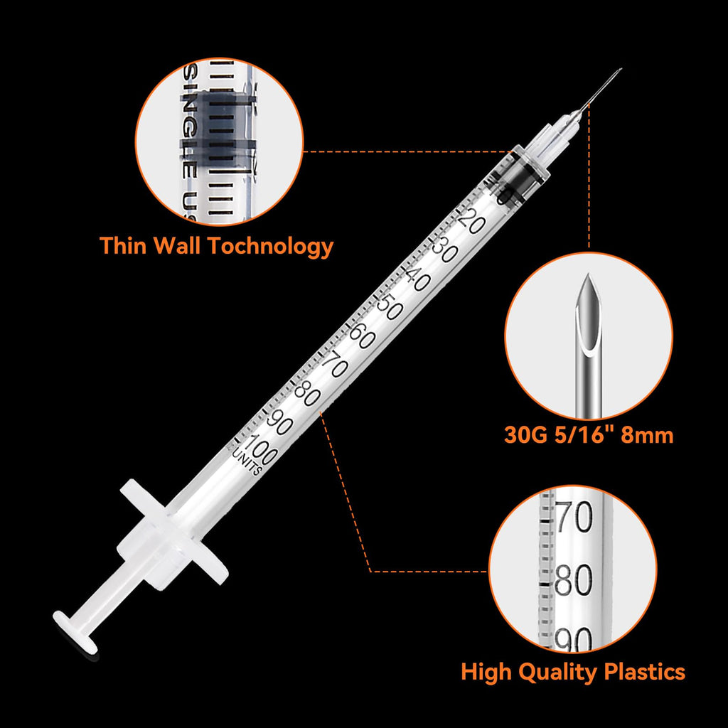100PACK U-100 Syringes 30G 5/16" (8mm) 1ml/cc, Disposable Syringe, Lab Supplies, Individual Wrapped, Pack of 100