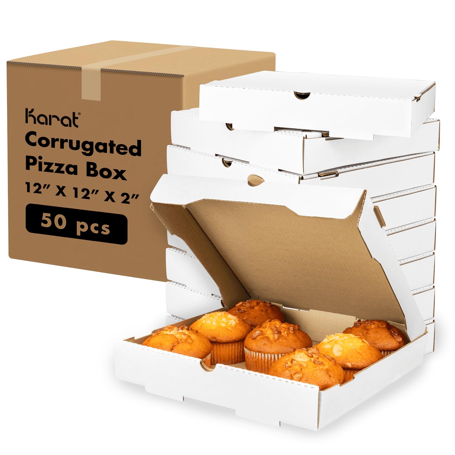 Karat Pizza Boxes 12" x 12" x 2" [50 Pack] White Corrugated Boxes | Ventilated, Grease-Resistant, Durable for Pizza, Catering or Shipping Use