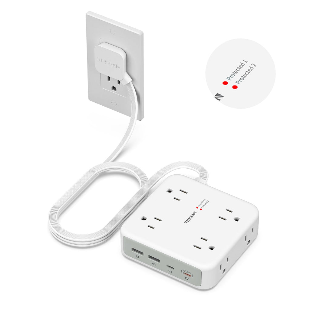 TESSAN Dual Surge Protector Power Strip, 5 Ft Extension Cord Flat Wall Plug