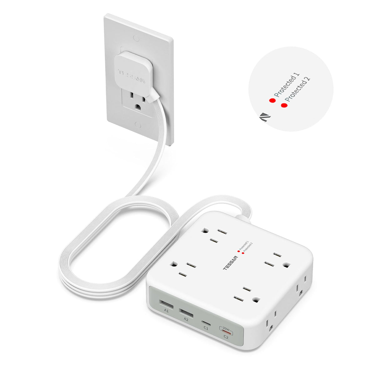 TESSAN Dual Surge Protector Power Strip, 5 Ft Extension Cord Flat Wall Plug
