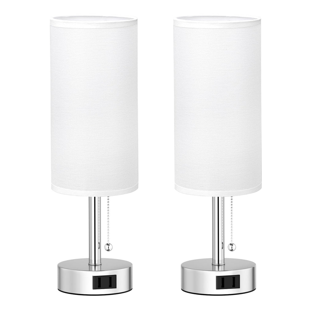 Fenmzee White Silver Bedside Table Lamps Set of 2-3 Color Temperatures Pull Chain Lamp with AC Outlet Charging Port, Two Round Night Stand Lamps for Bedroom, Small Bed Side Light with E26 LED Bulbs