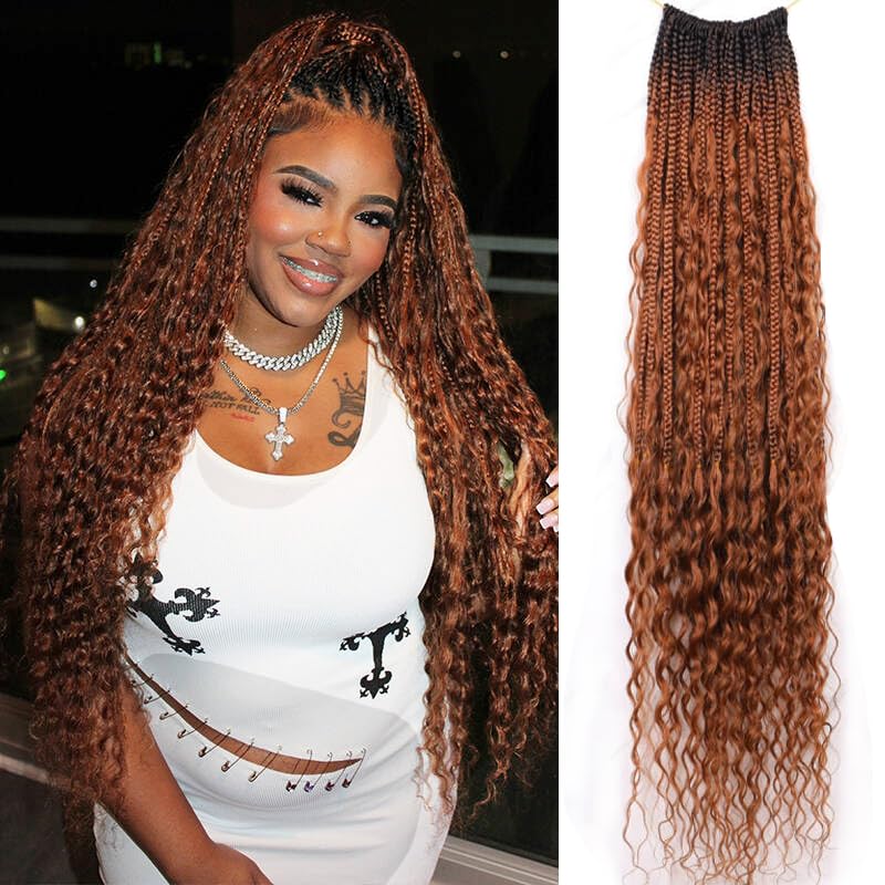 BLG Crochet Boho Box Braids with Human Hair Curls Brown Curly Human Hair Boho Crochet Braids with Curly Ends Pre Looped Bohemian Crochet Braids for Black Women 24 Inch 2 Pack 80 Strands