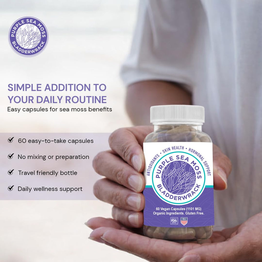 BocaHeal Purple Sea Moss + Bladderwrack Capsules | 2202mg Complete Nutrient Profile - Wildcrafted & Wildharvested Seaweed Blend for Daily Wellness – 60 Seamoss Pills & Sea Moss Capsules | Made in USA