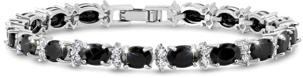 KEZEF Tennis Bracelets For Women - Cubic Zirconia - Oval 7x5mm Black Gemstones - Round 2.50mm White CZ - Silver Plated Brass - 7 Inch - Hypoallergenic Bracelets